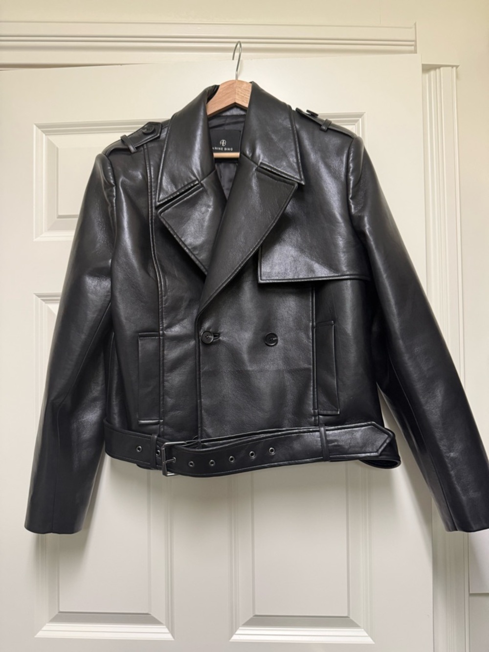 Anine Bing Black Leather Double-Breasted Jacket with Belt